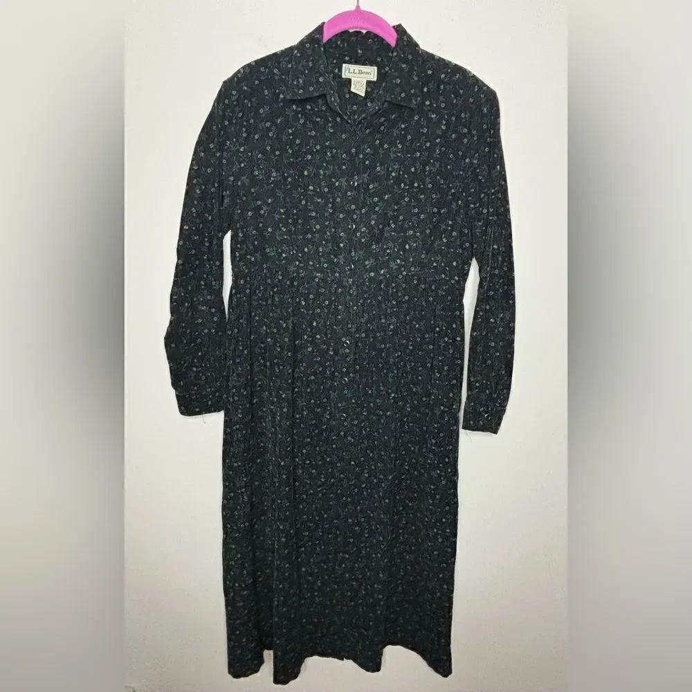 L.L. bean vintage navy blue/green floral corduroy button up dress size 6 petite